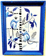 Blue & White Monkeys On Canvas Antique Frame E. Galin C. 2002 Nicuagra 35×29