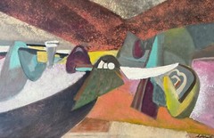 Vintage MCM Abstract Shapes Oil Painting Modern Wall Art Schultz Mid Century 50s