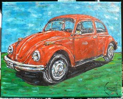 1970 RED VW BEETLE car NEW original 8×10 canvas painting signed Crowell