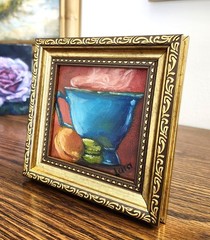 Framed Blue Cup & Macarons Original Oil Painting 4×4 Signed Kitchen Still Life