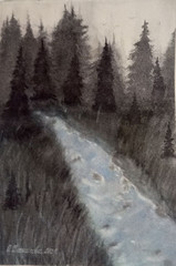 original watercolorlandscape a faggygreyday astreamsprucemeadowgrassesmonochrome