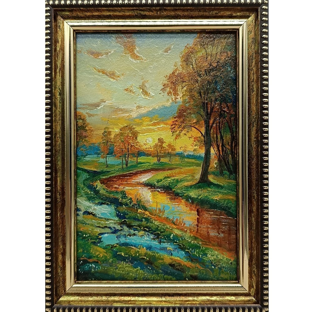 Original Oil Painting Forest Landscape with River 6×4 in Signed Framed