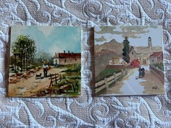 Set of 2 Original ANTONIO DeVITY Hand Oil Painted Tiles Italian Mid Century