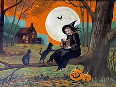 ACEO PRINT OF PAINTING RYTA HALLOWEEN BLACK CAT WITCH AUTUMN FOLK ART Salem 🍁
