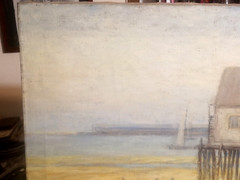 BEAUTIFUL Lg COASTAL LANDSCAPE NE BEACH & WARF SCENE MAINE RI DANIEL KOTZ 1920s