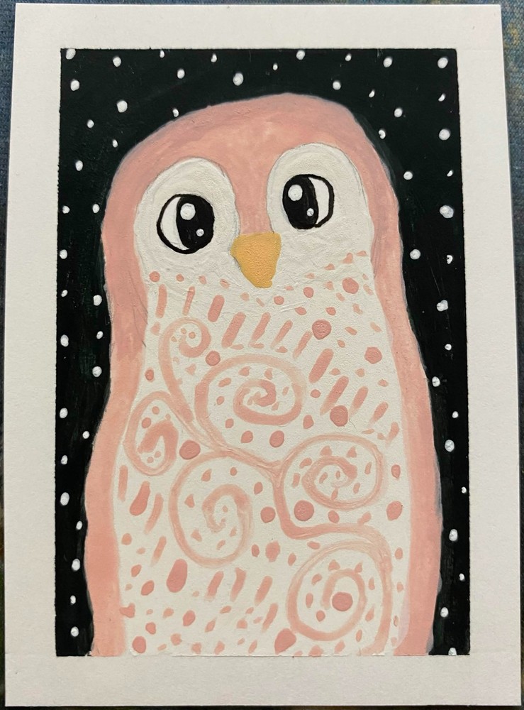 ACEO Original Owl Birds Feathers Stars Sky Miniature Painting Art OneCraftyLady