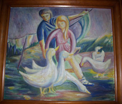 Original Oil Painting, Mother with Child Hanging Wash with Farm Ducks