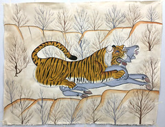 1980s Jamie Parlade Designer TIGER with HUNT Handmade on Canvas 45 in x 35 in