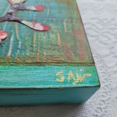 Original Signed Mixed Media Abstract Art Painting Teal Bird Cherry Branch 9×12″