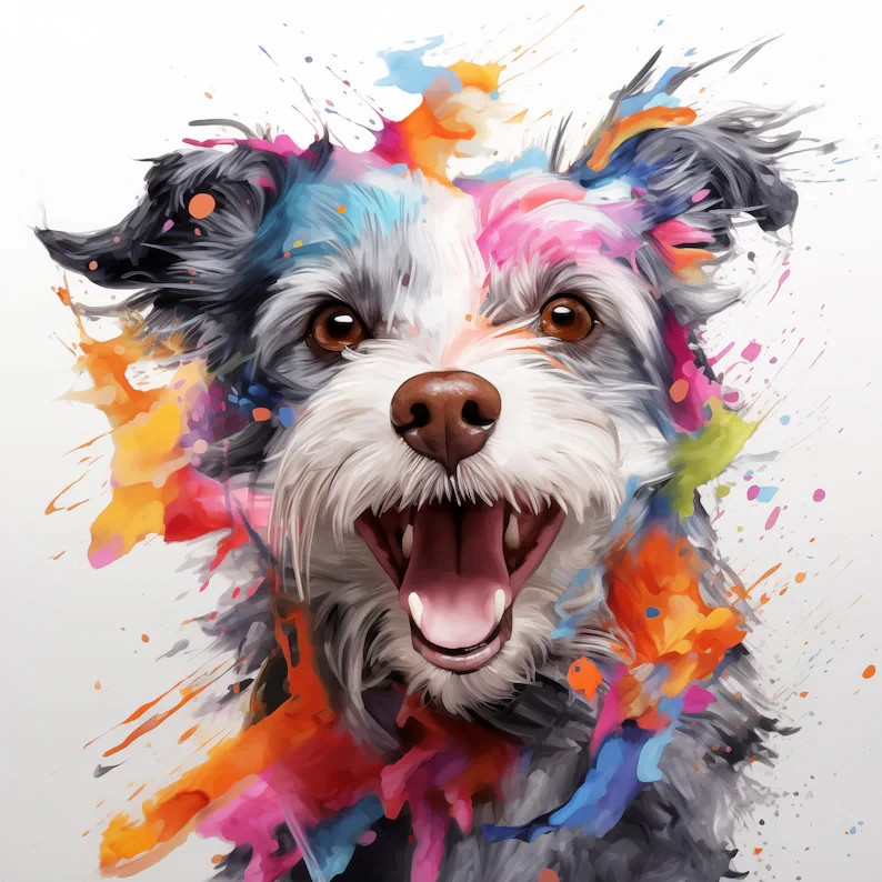 Colorful Dog Digital Illustration Abstract Paint Splash Style Printable Wall Art