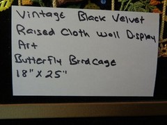 Vintage Black Velvet raised cloth wall display art, Butterfly Birdcage, 18×25