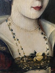 Antique Oil Portrait Lady in Red Dress Hat Pearls Framed Canvas As-Is