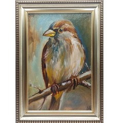 Little Sparrow Original Oil Painting Bird Wildlife Nature Framed Miniature Art