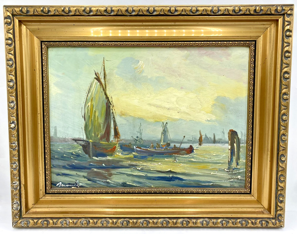 Antique oil painting signed Morris Mid-1900’s gilded wood frame