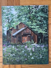 Vintage Painting on Board Rustic Cabin in Woods Flowers Tree Dixie Breheim 11×14