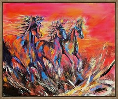 Original Horses Running Sunset 16 X 20 Modern Fine Art Painting Signed Canvas