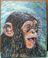 A CHEERFUL CHIMP painting wild chimpanzee 8×10 canvas original signed Crowell