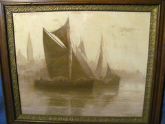Antique Pastel Boston Harbor Skyline at Dawn by Clarence E. Braley
