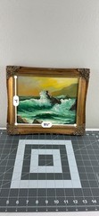 Vintage OCEAN SCENE Small Oil Mini Painting Gold Ornate Frame 7×9 1/2 Signed