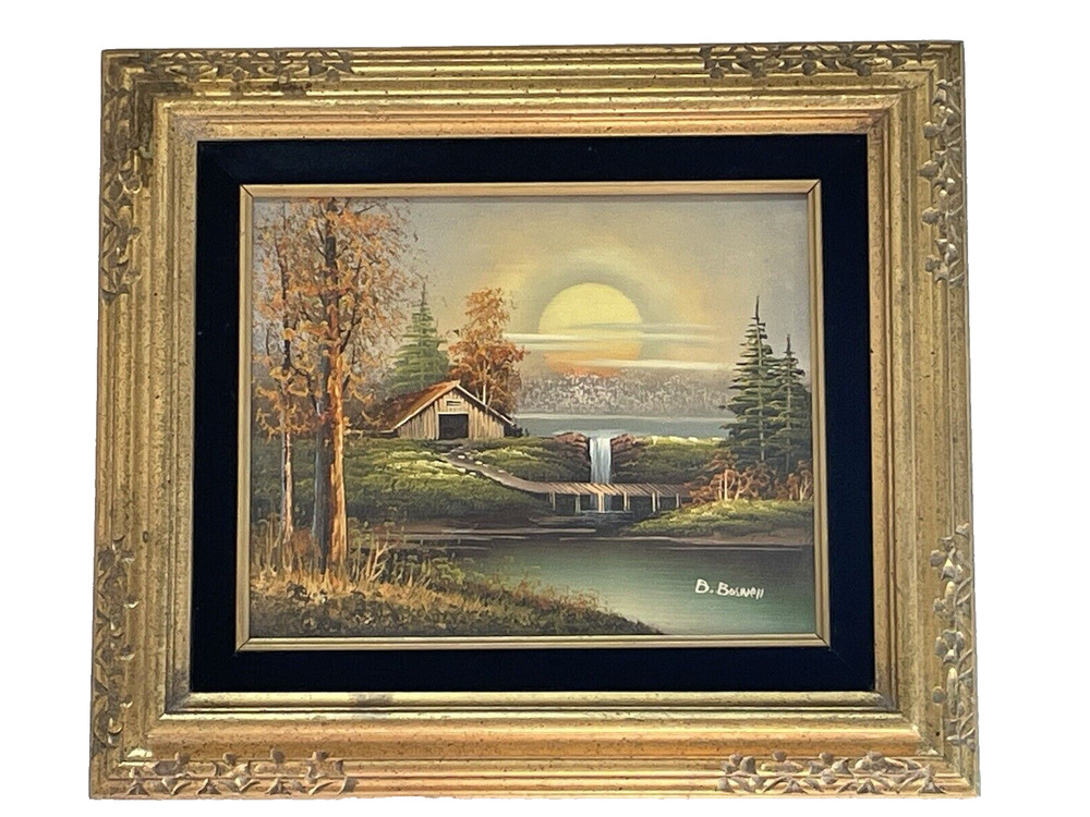 B. Boswell Oil Painting Landscape Barn On River Waterfall Bridge Glowing Sun