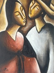Beautiful Original Vintage Mexican Folk Art Painting Signed J Ortiz Oil On Board