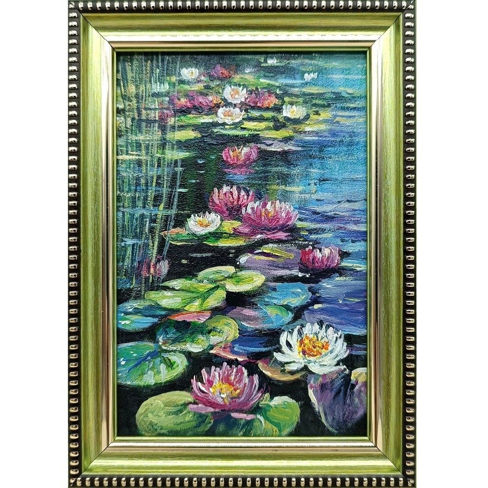 Water Lilies Original Oil Painting 6×4 Framed Signed Lotus Lake Landscape Art