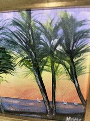 Tropical Landscape Painting Coastal Seascape Palm Trees Ocean sailboats 7.5×6”
