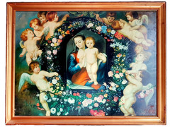 Framed oil painting on canvas, Virgin with flower garland, large 140 cm, 19. Jar