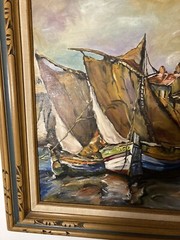 Original Oil on Canvas Panel-Boats & Harbor Scene-Signed-Finely Framed 31” x 28″