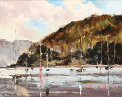 Martindale California Impressionist Harbor Scene w/ Sailboats at Rest 22″ X 26″