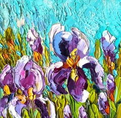 Flower Oil Painting Original Art Impasto Artwork Irisies on Canvas 20x20cm