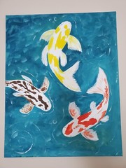 Handmade acrylic painting Art Decor Wooden frame 20x16x0.5 in KOI FISH