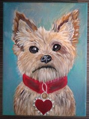 CUTE YORKIE DOG CANVAS PAINTING RED HEART COLLAR TURQUOISE PET PORTRAIT ART