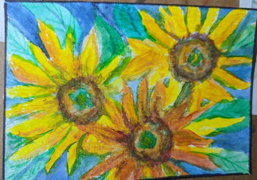 ACEO Original Watercolor Painting markers Signed Funny Sunflowers