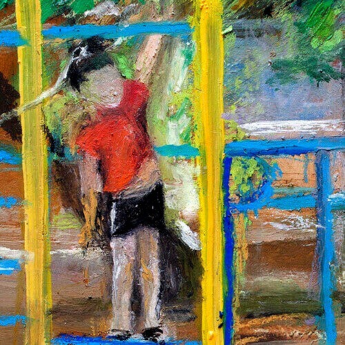 Boy on the ladder on playground spring street park Oil Painting 8x8in 20x20cm