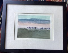 Mongolian Watercolor Camel Caravan Signed By Artist