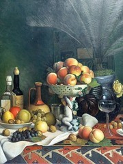 Reproduction Oil Painting A Tazza of Peaches, Fruit in a Bowl and Bottles on…