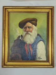 Vintage signed Guido Volpe Painting on Canvas, „Man with Pipe“
