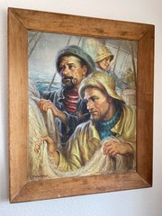 SIGNED Beatrice Ward McIvor Mid-Century Oil Painting – Maritime Seamen/Fishermen