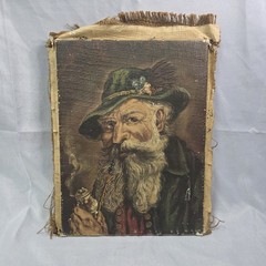 OLD Antique Oil on Burlap Painting – Bearded Man w/ Pipe, c.1880s