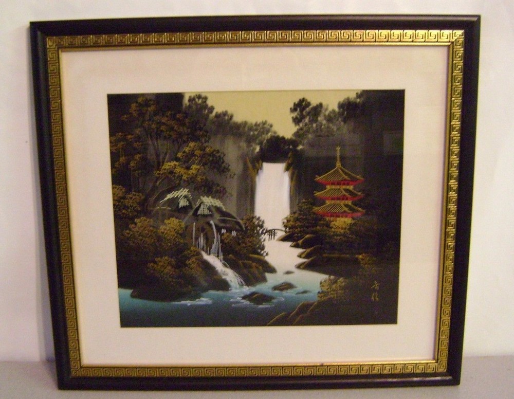 SILK HAND PAINTED WATERFALL WALL ART 20 1/2 X 23 ASIAN SIGNED