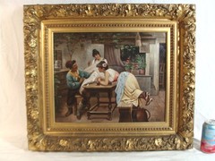 Antique 19C P Desalos Genre Family at Table O/C Painting