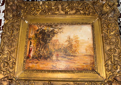 19th Century Italian Oil Painting outdoor scene dog and woman playing illegible