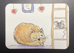 ACEO Original Art Card, Got My Eye on You, Cat and Mouse, Kimberly Cordner