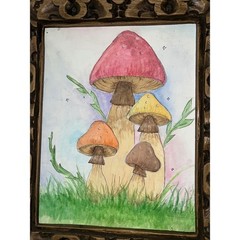 Whimsical Mushroom Watercolor Painting Carved Wood Frame Cottagecore 17″x14″