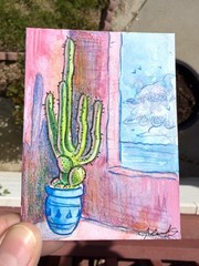 Original ACEO Preppy Cactus Painting by Alannah Dyer- Mini Art 2.5×3.5 in. Plant