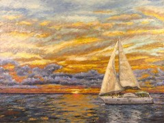 Signed Original Painting Impressionism Sunset Sky Yacht Seascape Art Handmade