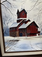 OIL On CANVAS PAINTING VINTAGE RED BARN WINTER SCENE SIGNED DRUSCILLA 18” X 15”