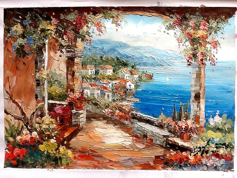 A Hand Signed Original Painting Amalfi Coast 2, Italy by Atef, Oil on Canvas