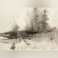 Original Ravens Watercolor Painting Crow Art Forest Landscape Misty Artwork USA